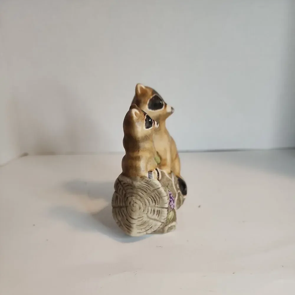 Vtg Ceramic Mother and Baby Raccoons on a Log Figurine Handpainted in Wisconsin